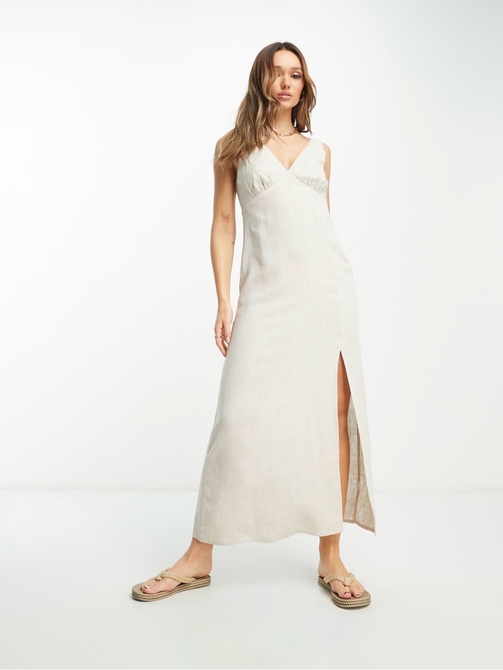 Asos Design Linen V Neck maxi slip sundress in natural SZ 8
